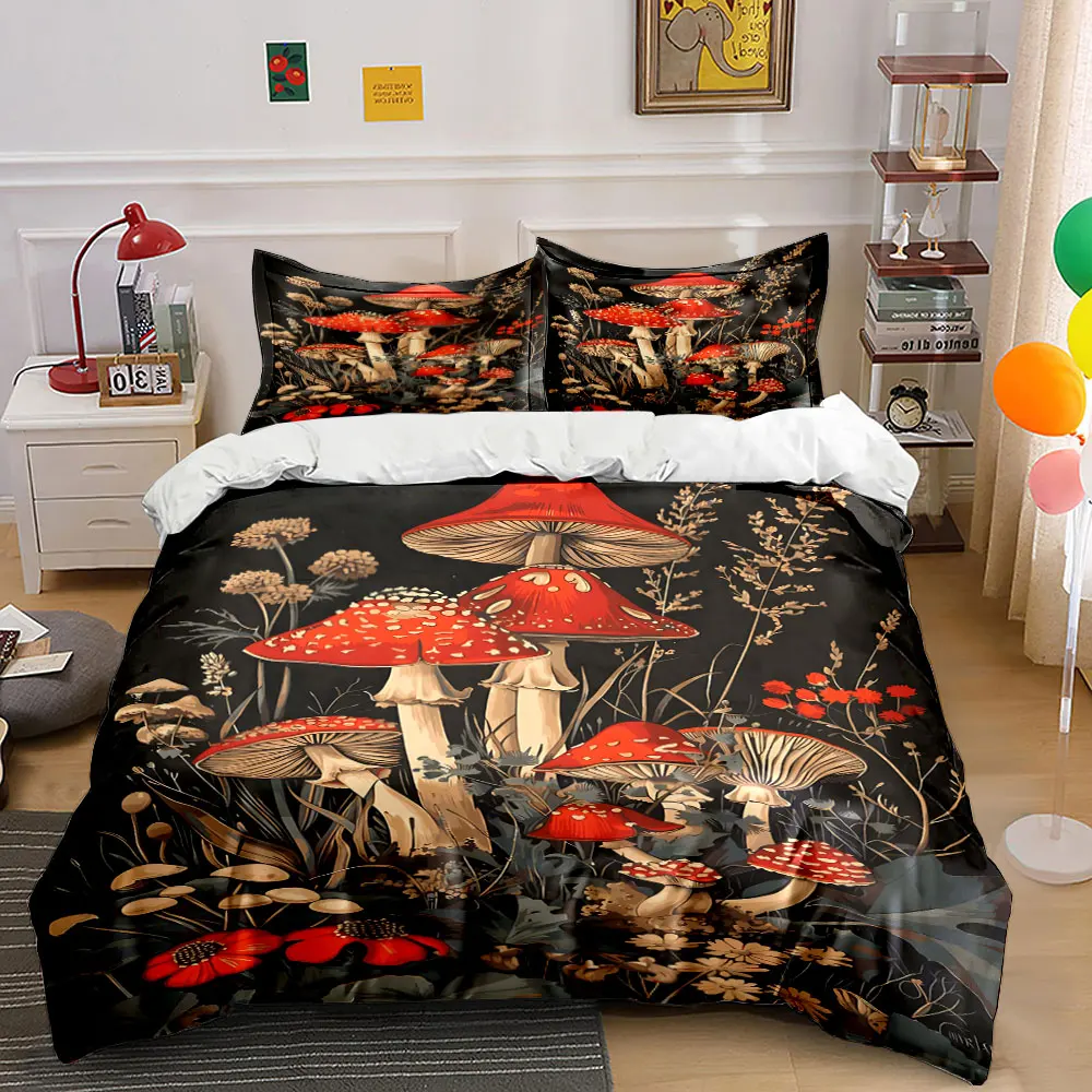 Red Fly Agaric with Wildflowers Print Bedding Set 1 Duvet Cover 2 Pillowcases for Adult and Children Luxury Gift Full Size
