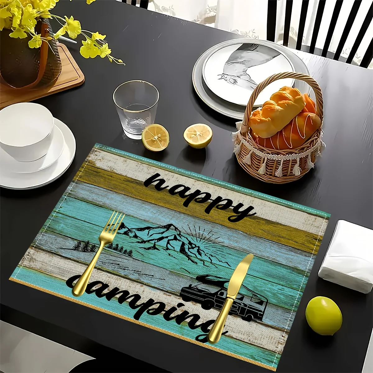 VIKAMA 4/6PC Camping-Themed Placemats Black-Letter Mountain RV Vintage Outdoor Camping Family Gathering