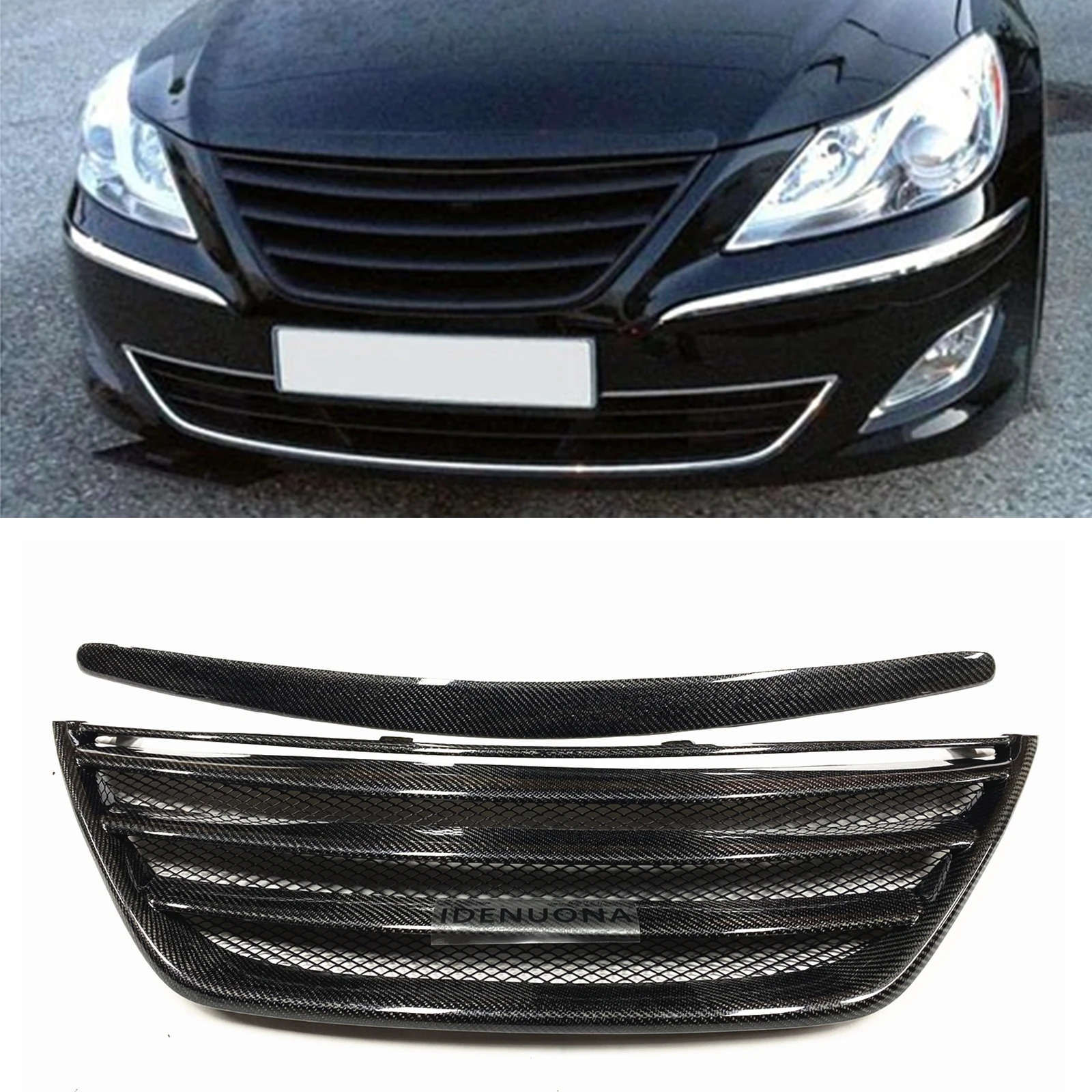 Front Grille Grill+Bracket Trim For Hyundai Genesis 2009-2014 Sedan Sport Real Carbon Fiber/Fiberglass Upper Bumper Hood Mesh