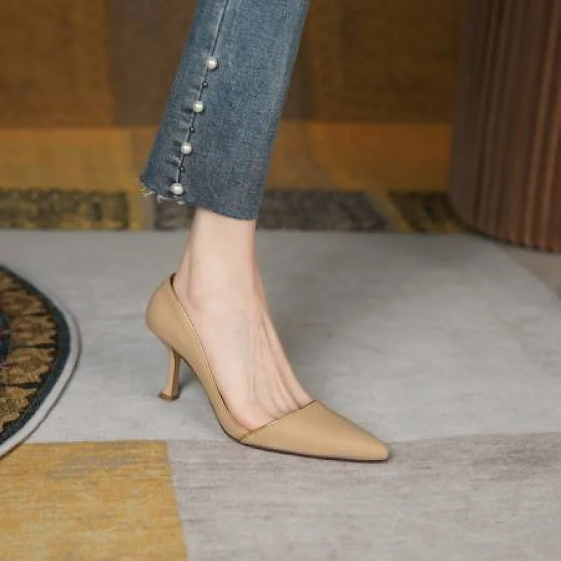 Sharp pointed side empty high-heeled single shoe made genuine leather shallow mouth and thin heel working toe cap women's shoes