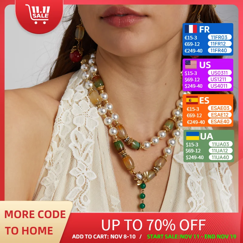 

Vintage Pearl Layered Necklace Statement For Women Long Beaded Bride Green Natural Glass Luxury Designer Jewelry Accessories