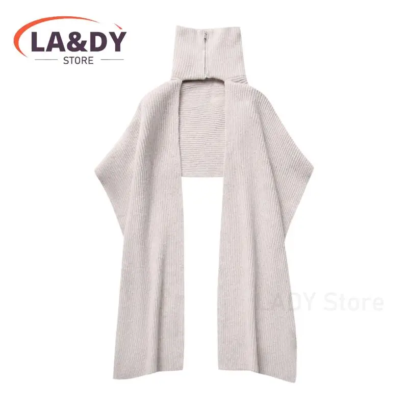 2024 Autumn Winter Women Fashion Loose Zip Knit Neckline Scarf Female Solid Color Versatile Casual Cardigan