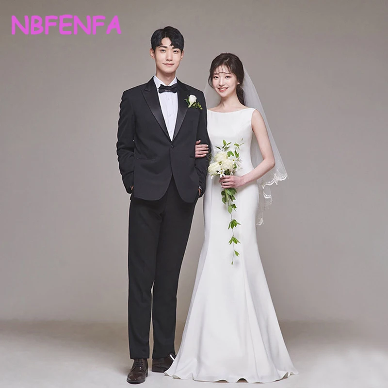 

White O-Neck Light Wedding Dresses Korean Satin Mermaid Dress Small Tail Wedding Gowns Photo Shoot Sexy Backless Bridal Dress