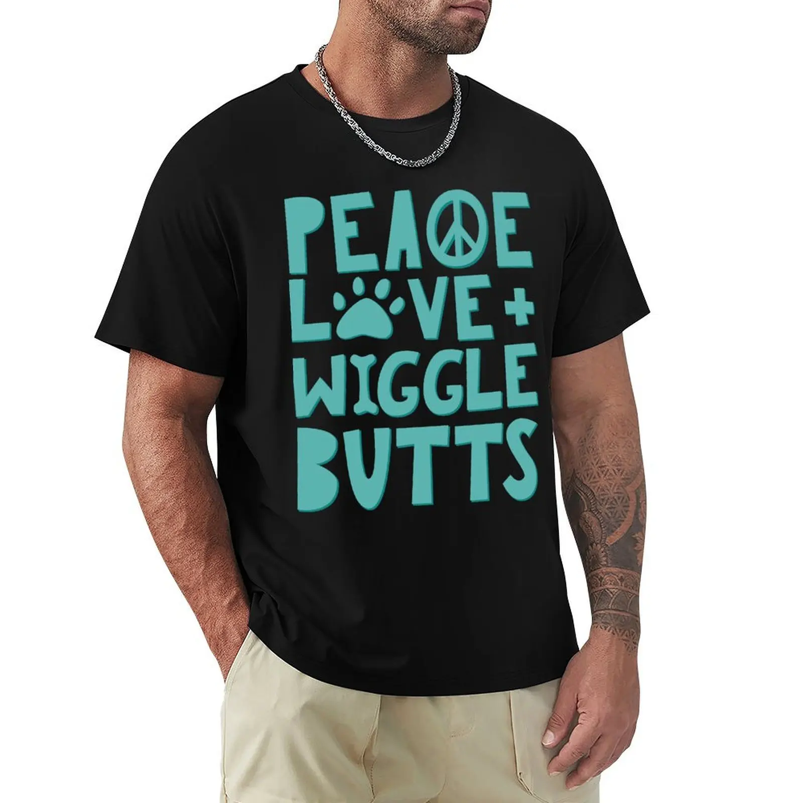 Peace, Love, + Wiggle Butts Animal Lover Turquoise T-Shirt Essential Solid Color T-Shirt