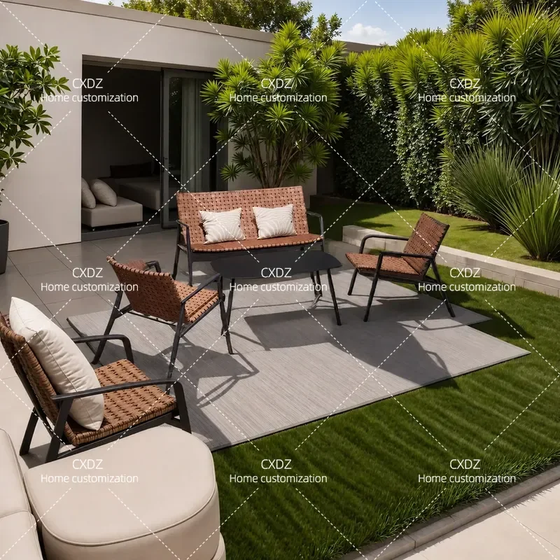 Nordic Outdoor Rattan Furniture Set 3 Piece Patio Balcony Leisure Coffee Table and Chairs Combination for Courtyard Home Use