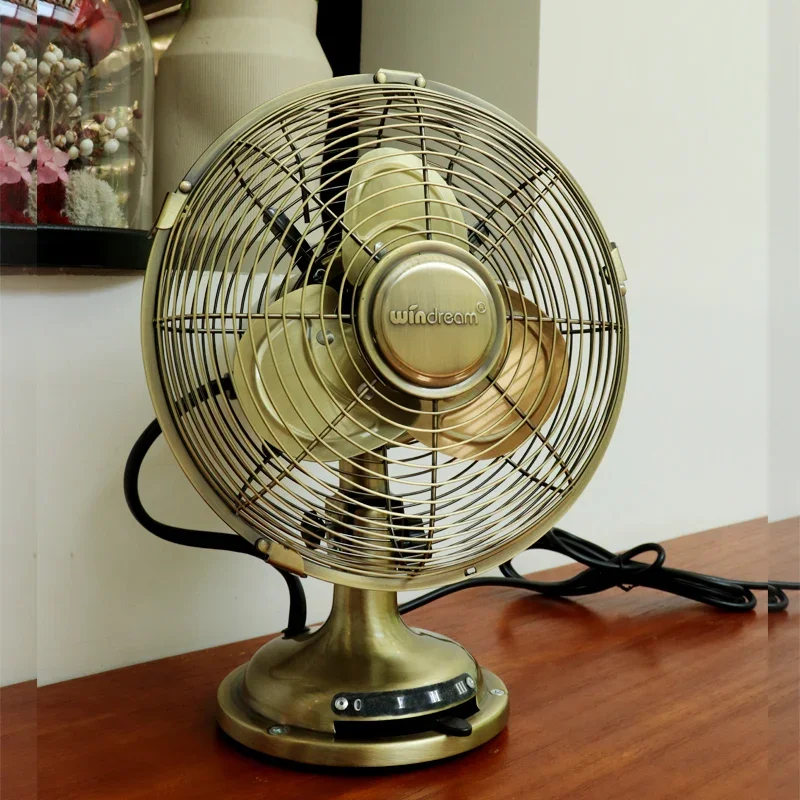 

220V Vintage Copper Desk Fan with Oscillating Head and Three Fan Speeds for Home or Office