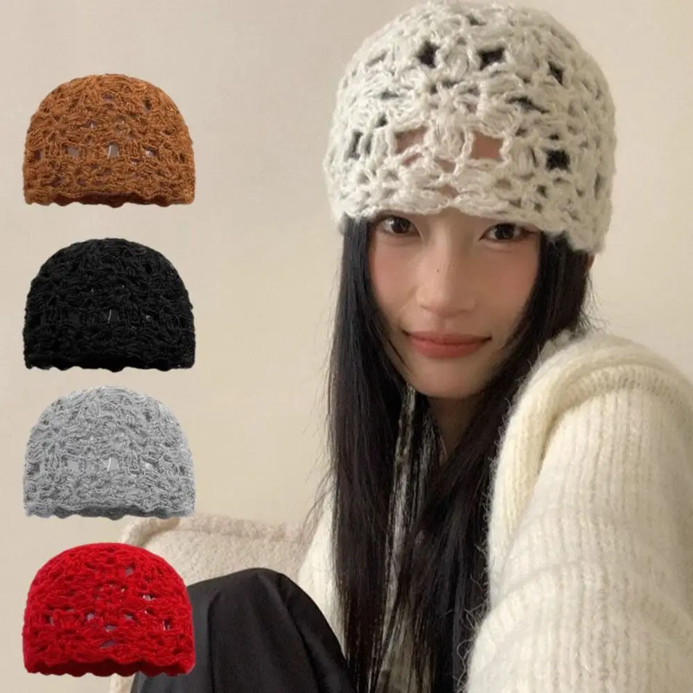 

Casual Solid Color Crochet Flower Hat Hollow Handmade Knitted Pullover Hat Short-brimmed Y2k Beanies Cap Girls