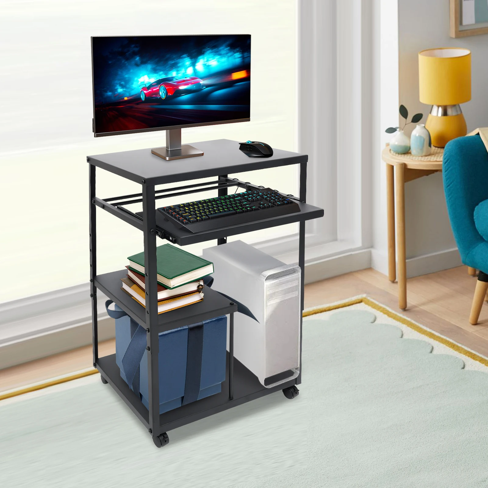 Computer Desk with Keyboard Tray, Computer Desk with Wheels, Height Adjustable Rolling Presentation Table    