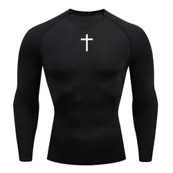 Compression Long Sleeve Sun Protection Shirt Men's Running T-Shirt Black Cross Print Gym Exercise Sports Top Quick Dry Summer