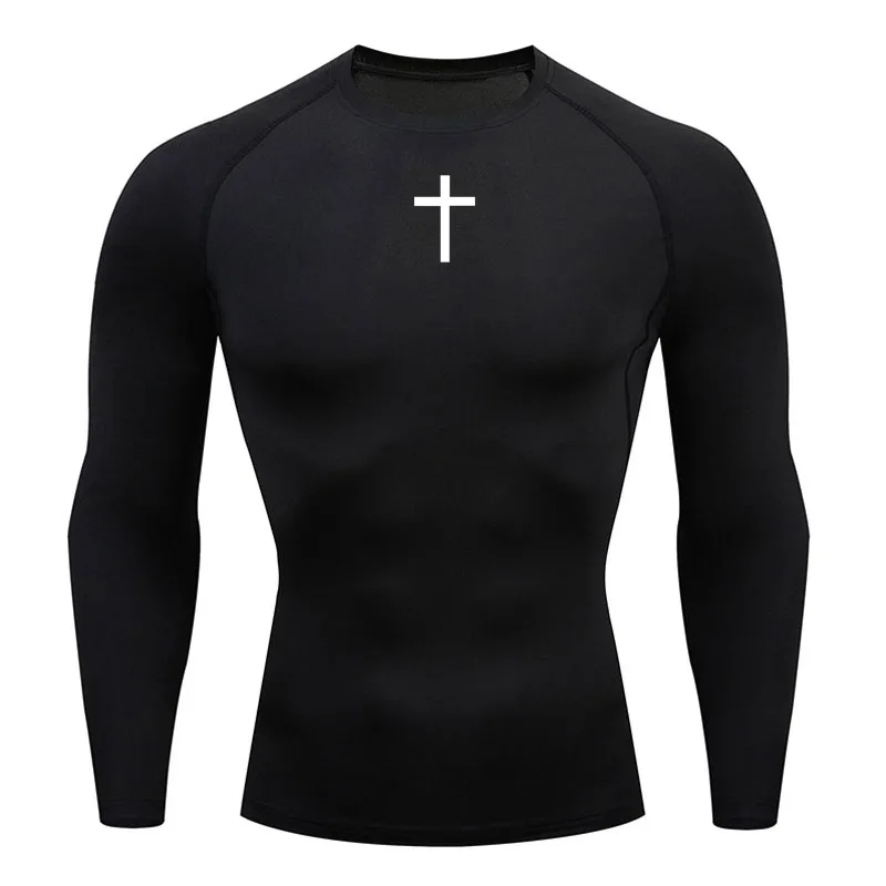 Compression Long Sleeve Sun Protection Shirt Men's Running T-Shirt Black Cross Print Gym Exercise Sports Top Quick Dry Summer