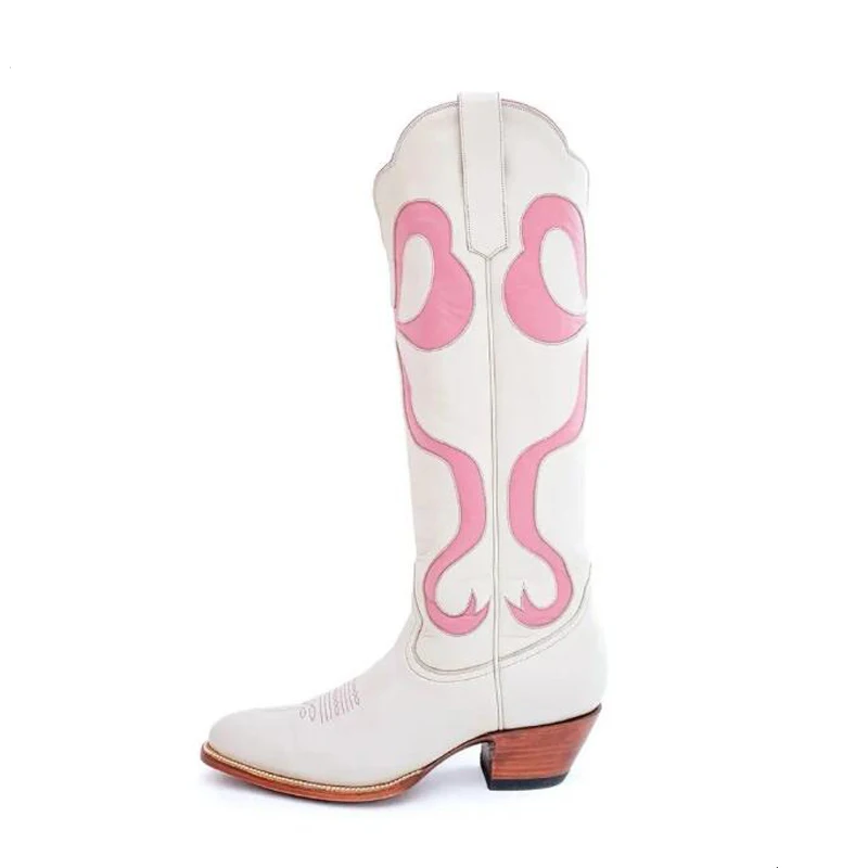 2024 New Bowknot Embroidered Western Cowboy Boots Pointed Toe Chunky Heel Mixed Color Thigh High Versatile Retro Fashion Boots