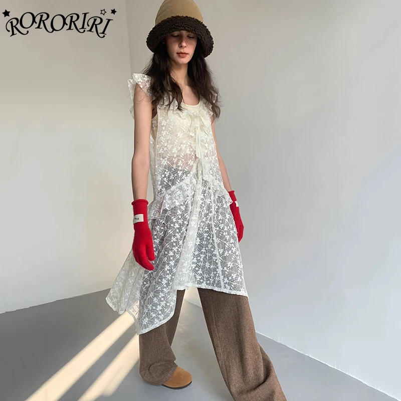 RORORIRI Women Sheer Floral Lace Long Dress Overlay Casual Solid Ruffle Neck Bandage One-piece Layered Tank Dress Korean Clothes