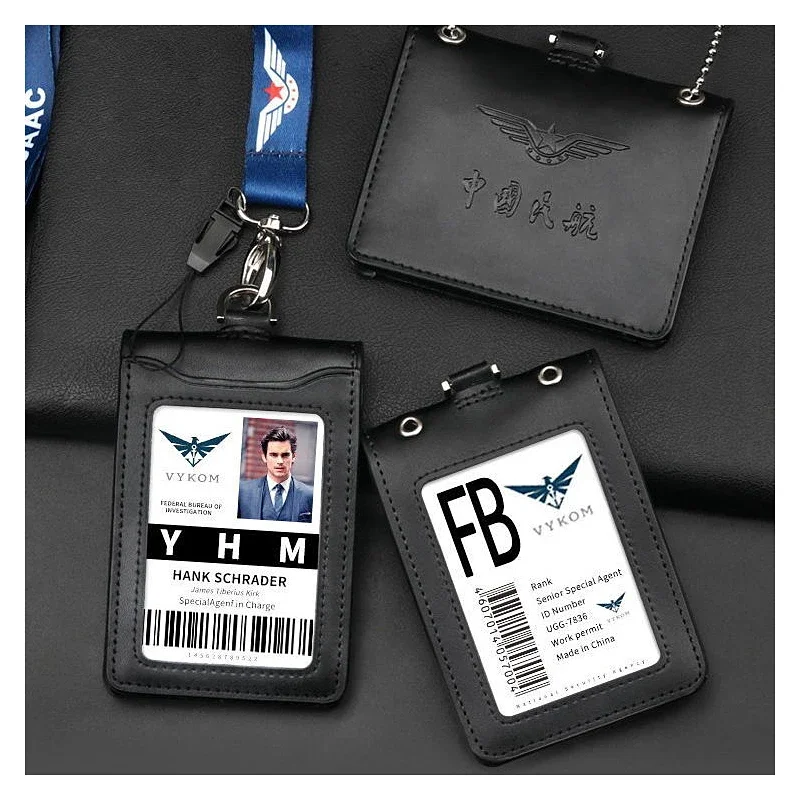 Formal Aviation Crew Reporter Police Agent ID Badge Business Work Card Holder with Neck Lanyard Genuine Leather id Card holders