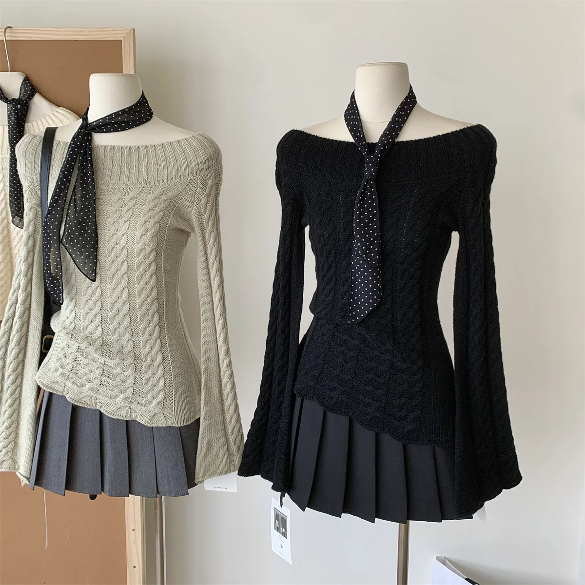 

Korean version gentle style one shoulder long sleeved knitted sweater for women 2024 autumn new slim fit off shoulder top