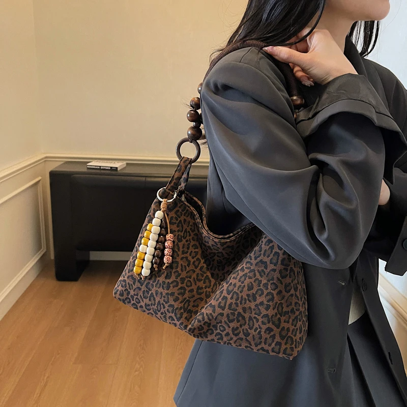 Retro Leopard Print Armpit Bag for Women, Wooden Bead Handle, Retro niche Shoulder Bag