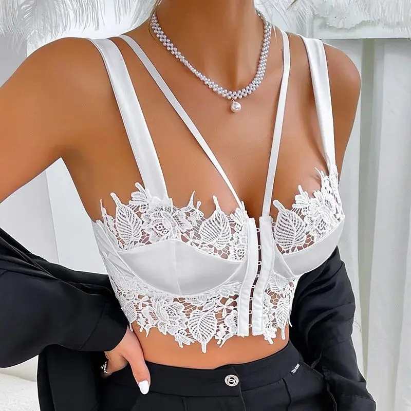 

White Lace Sleeveless Crop Tops Vest Women Fashion Clothes Sexy Lingerie Camisole Halter Slim Fitted Tank Top Hollow Out Corsets