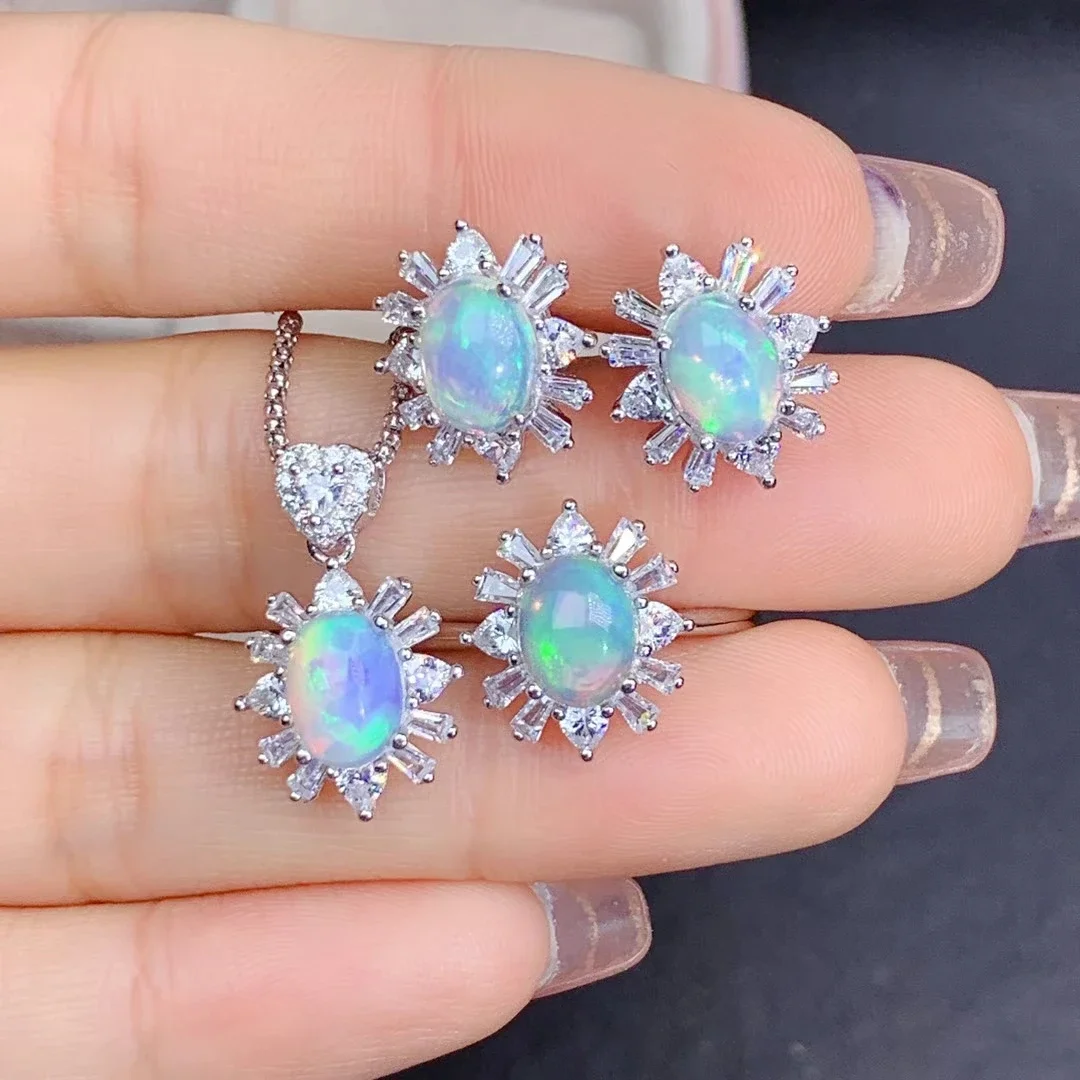 Natural Opal Gemstone Flower Earrings Ring and Necklace 3 Pcs Suits for Women Real 925 Sterling Silver Fine Jewelry Set