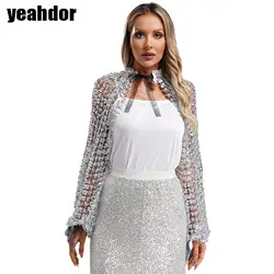 Womens Shiny Sequin Shawl Bolero Long Lantern Sleeve Scalloped Lace Trim Cuffs Shoulder Wrap Glitter Dress Accessory