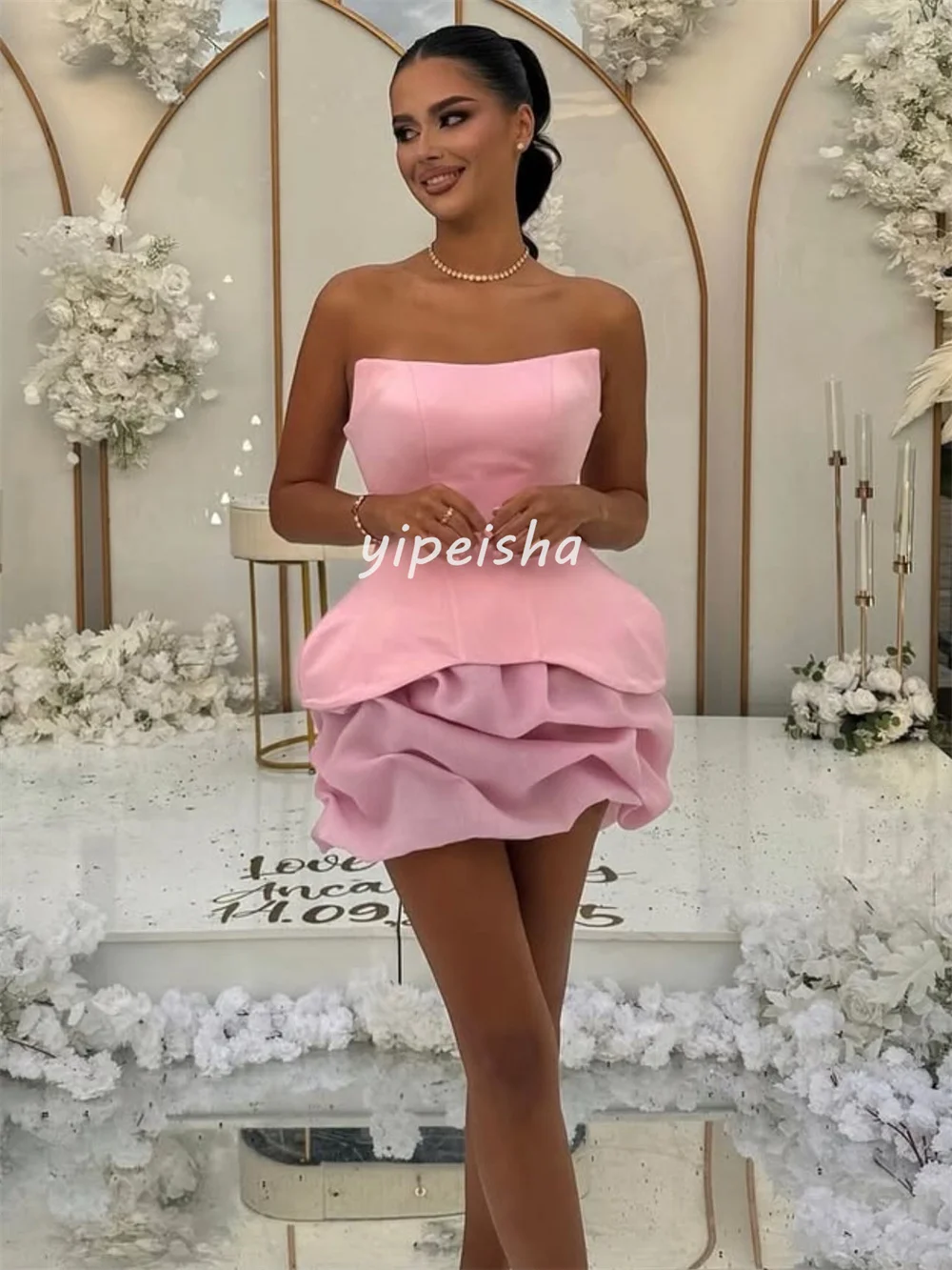 Customized Sexy Sizes Available Jersey Pleat Ruched A-line Strapless Short Dresses Bespoke Occasion Dresses High Quality Formal