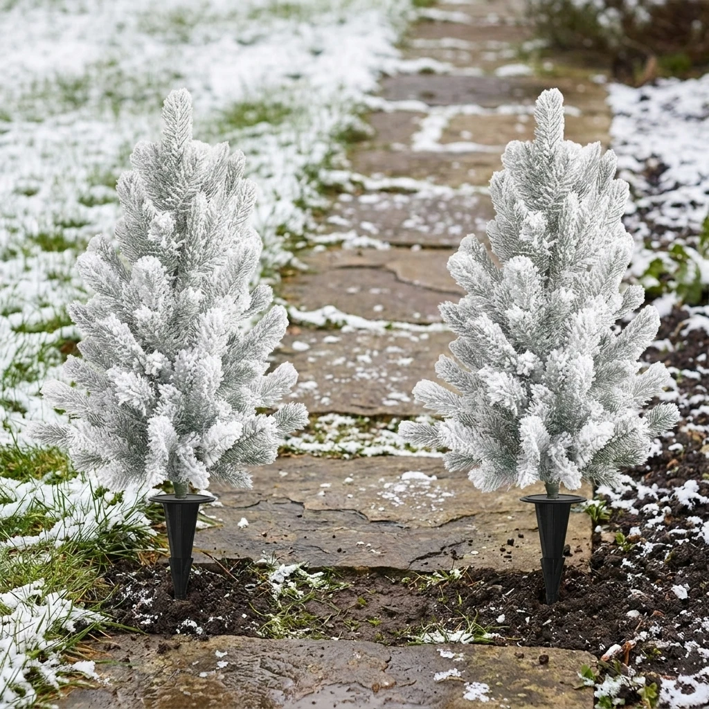 Flocked Christmas Tree for Outdoor Garden Pathway Lawn and Patio Decoration with Dense Branches and Festive Winter Aparance