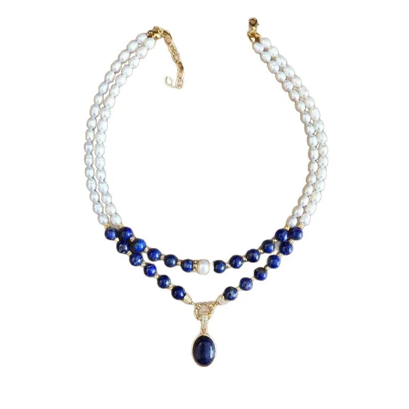 Double Layer Lapis Lazuli & Pearl Beaded Necklace Minimalist Women Gemstone Jewelry For Daily Wear