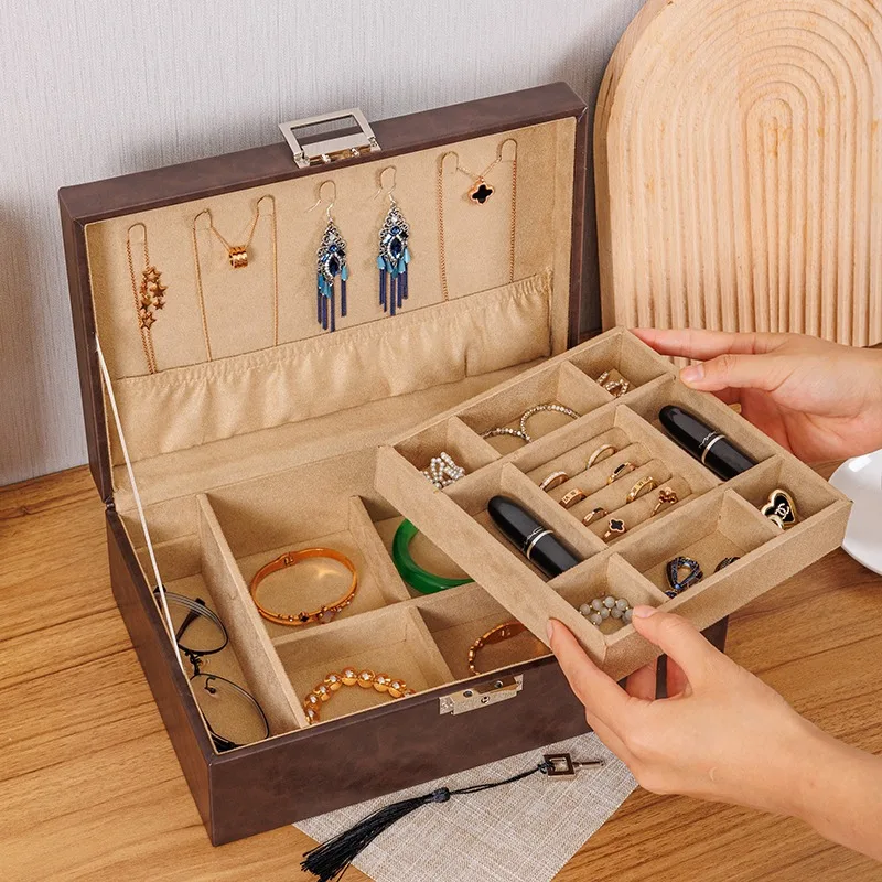 

Кожаная шкатулка для драгоценностей, большие ретро-кольца, серьги, коробки для хранения, двухслойные ожерелья, браслет, витрина, витрина для ювелирных изделий, подарок