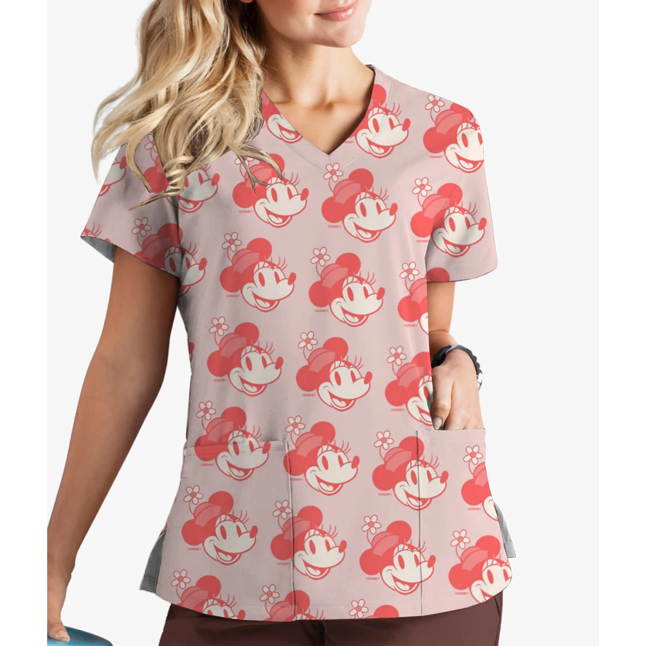 Disney Mickey Minnie print summer women's new short-sleeved V-neck scrub casual nurse uniform dentist pocket work uniform