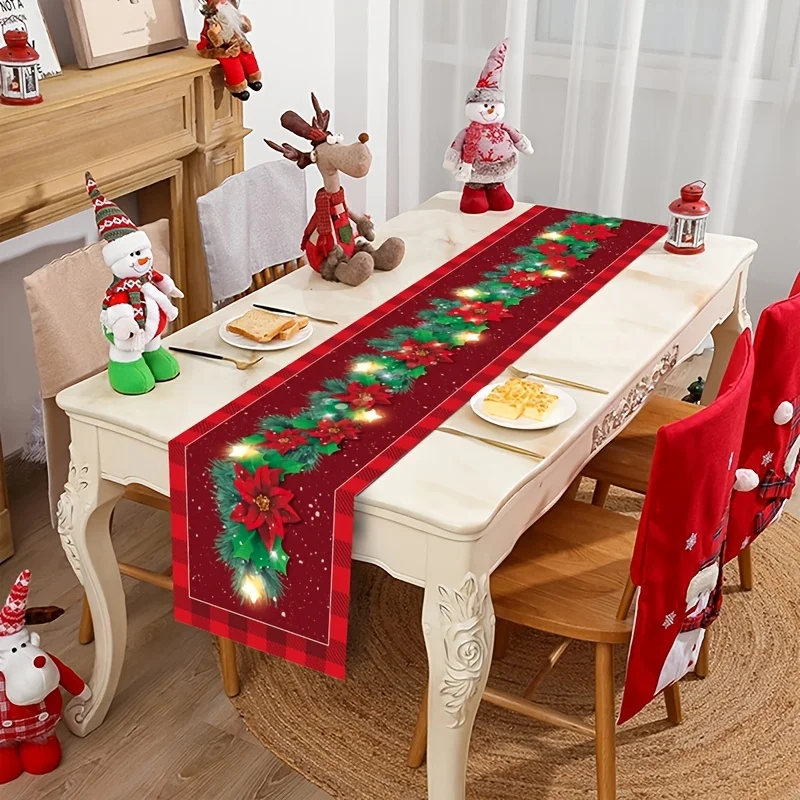Home Xmas Table Runner Red Black Grid Trim Elk Poinsettia Berry Pine Cone Print Table Flag For Seasonal Table Arrangement