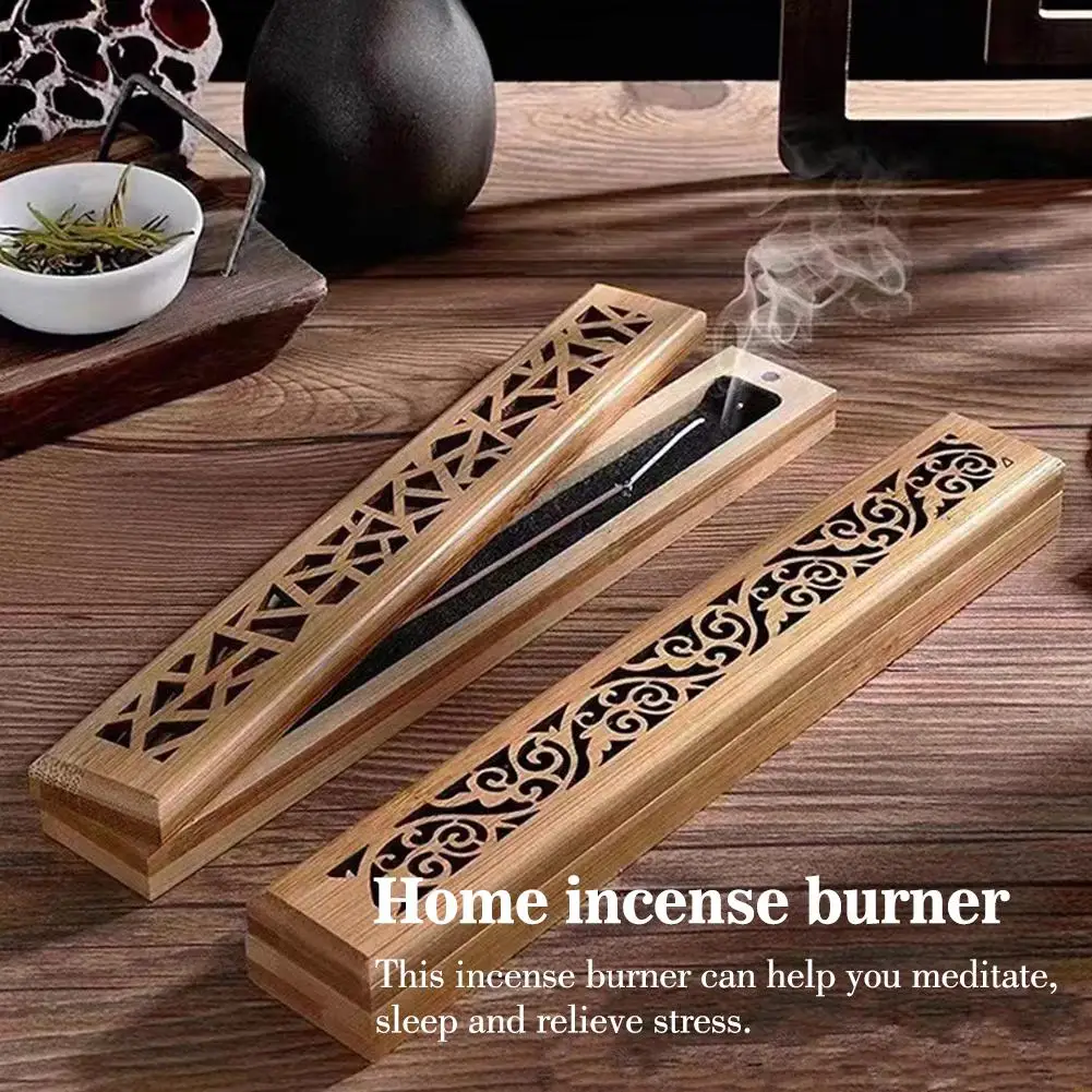 Natural Bamboo Incense Burner With Laying Plate Aromatherapy Wooden Box Incense Storage Burning Hollowed Line Incense Box