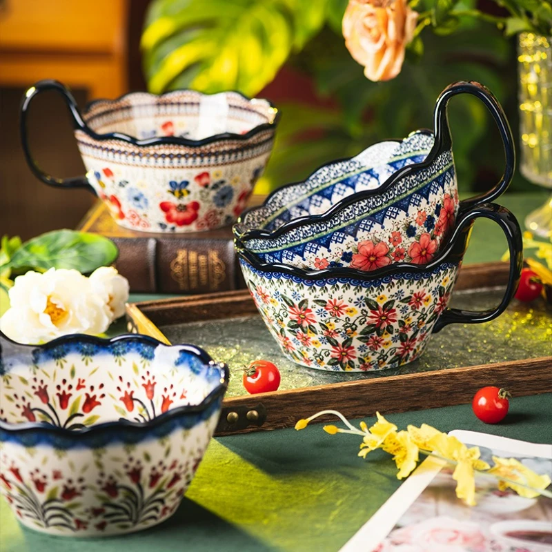Hand Painted Japanese Handle Ceramic Bowl Ramen Salad Noodle Bowls Retro Pasta Bowls Household Restaurant Tableware 2025 New