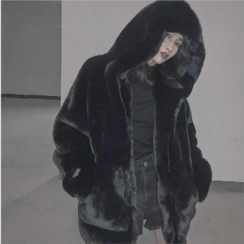 2024 Autumn Winter Imitation Mink Velvet Overcoat Women Thick Warm Outwear Hooded Faux Fur Coat Female Parka