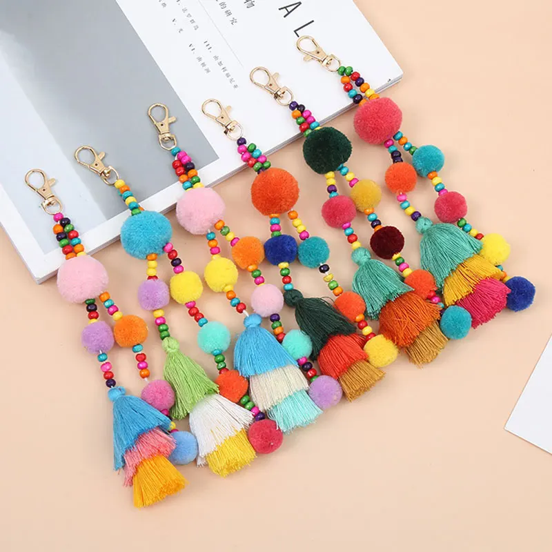 Big Plush Ball With Fringes Key Chain Bohemia Women\'s Purse Bag Charm Pompom Tassel Keychains Jewelry Diy Handmade Key Ring