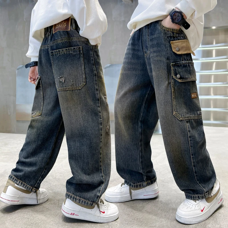 

Korean Children Distressed Jeans with Pocket For Teenage Boy Loose Straight Denim Pants New Kids Designer Fashion Retro Trousers