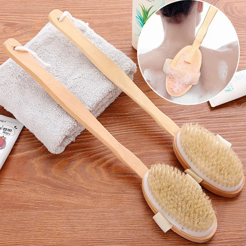 Bathroom Body Brushes Long Handle Bath Natural Bristles Brushes Exfoliating Massager With Wooden Handle Dry Brushing Shower Tool