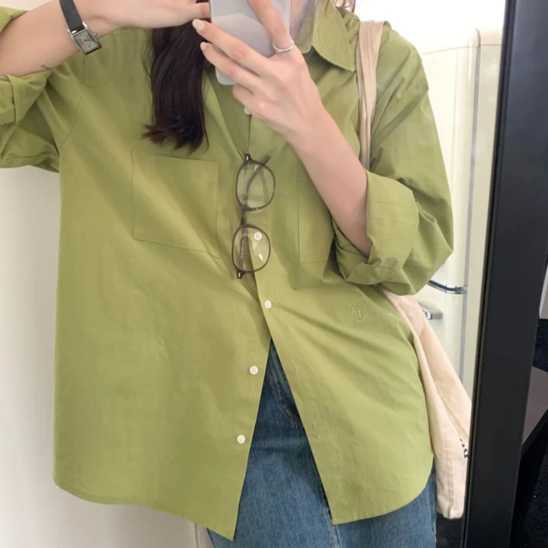 Autumn Woman Clothes Green Long Sleeve Shirt Niche Loose Top Outerwear Coat Basic Buttons Leisure Korean Fashion Bright Classy