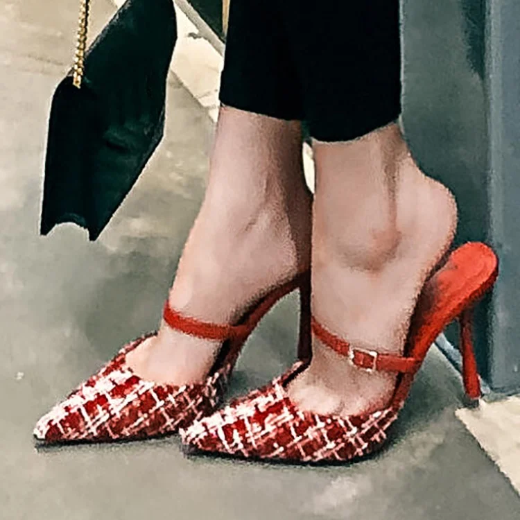 Pointed Toe Sweets Mixed Color Woolen Mules Stiletto Belt Buckle Decor Slingback Summer Ladies Dress Party Daily Causal Sandals