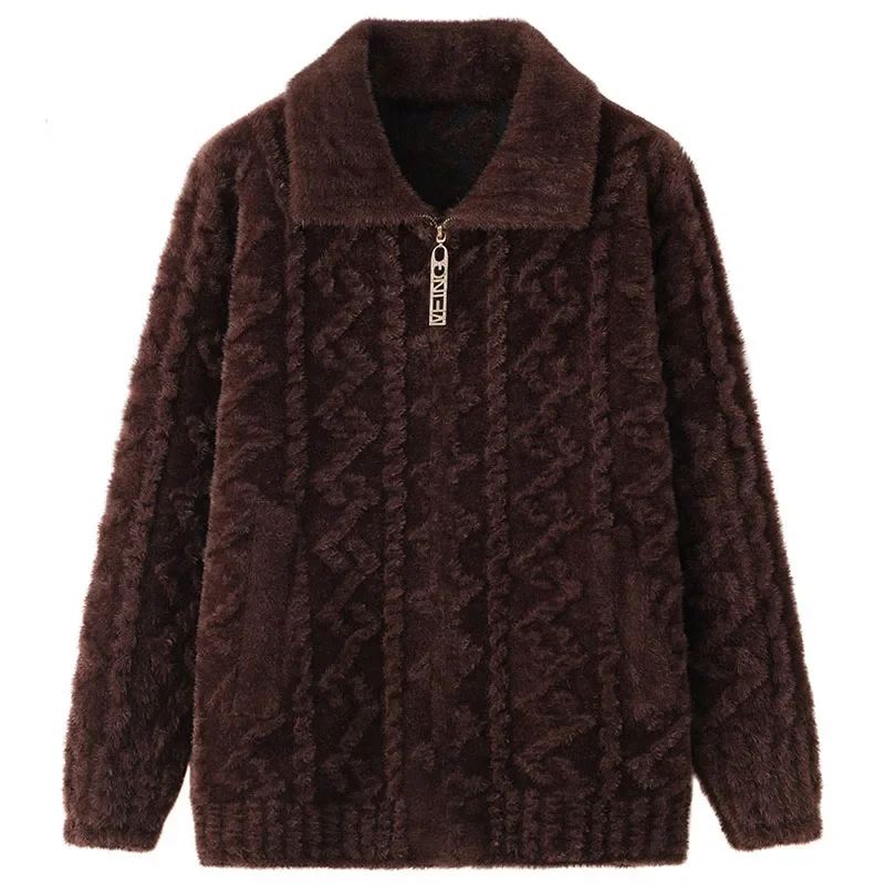 Middle Aged Mother Imitation Mink Velvet Knitted Coat Thicken Women Sweater Casual Zipper Grandma Cardigan Jacket MT23