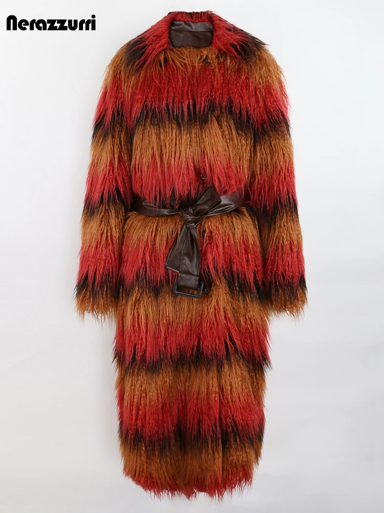 Nerazzurri Winter Lange Oversized Kleurrijke Dikke Warme Shaggy Faux Fur Trenchcoat Voor Vrouwen Met Lederen Riem Europese Mode