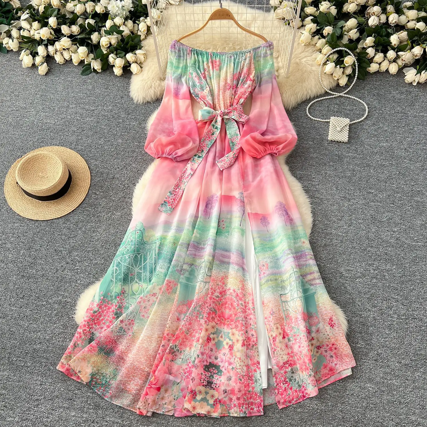 

Floral Print Long Dress Women Dresses A Line Vestidos Party Night Streetwear Off Shoulder Lantern Sleeve Elegant Y2k Work Beach