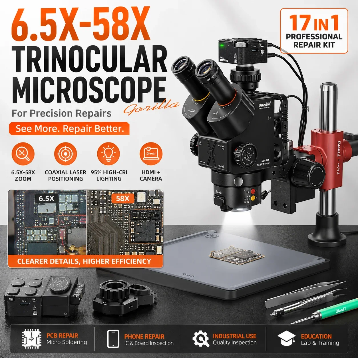 QianLi Gorilla 6558 Trinocular Microscope 6.5X-58X Zoom Coaxial Laser HD Imaging for Phone PCB Soldering Repair Inspection Tools