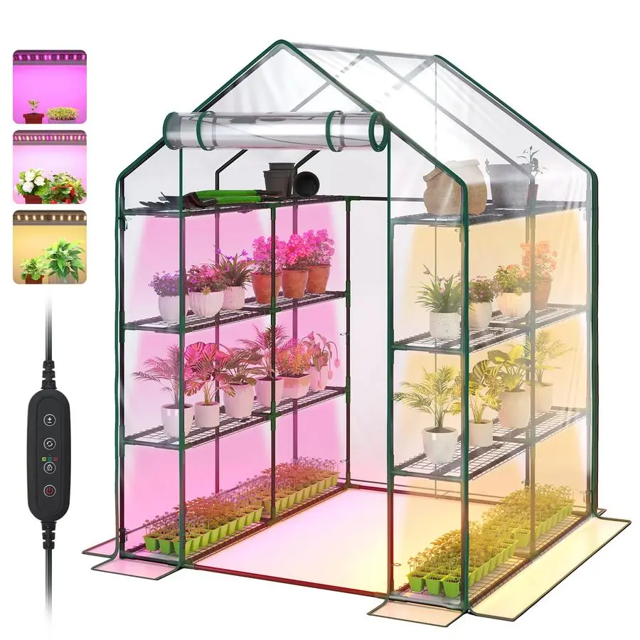 

Walk In Greenhouse, Indoor Greenhouse with Grow Lights, Mini Indoor Greenhouse with RollUp Zipper Entry Door and PVC Cover, Dimm