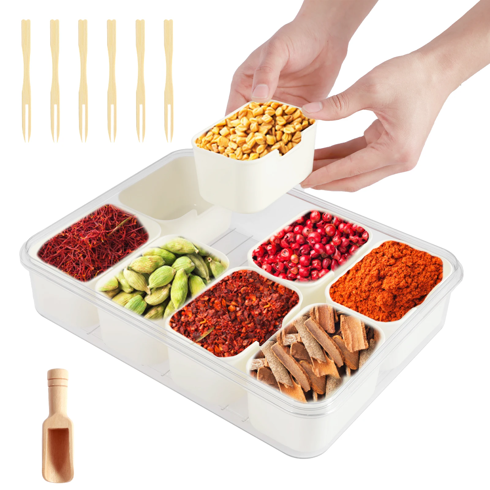 Divided Serving Tray 8 Compartment Divided Snack Box Good Sealing Clear Snack Box Container With 6 Fork 1 Wood Spoon For Snack