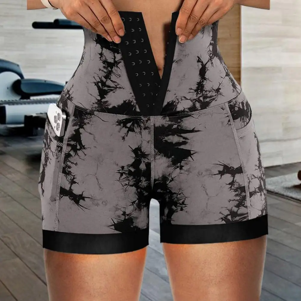 Calção de cintura alta feminina com estampa corante gravata, design de bolso com controle da barriga, shorts casuais magros, moda acima do joelho