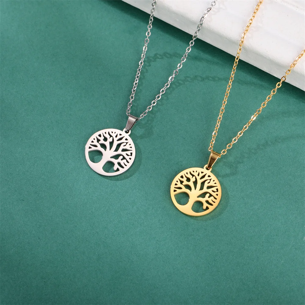 Tree of Life Women Necklace Round Pendant Stainless Steel Necklace Women Elegant Circle Tree Jewelry Wholesale Bijoux Collier