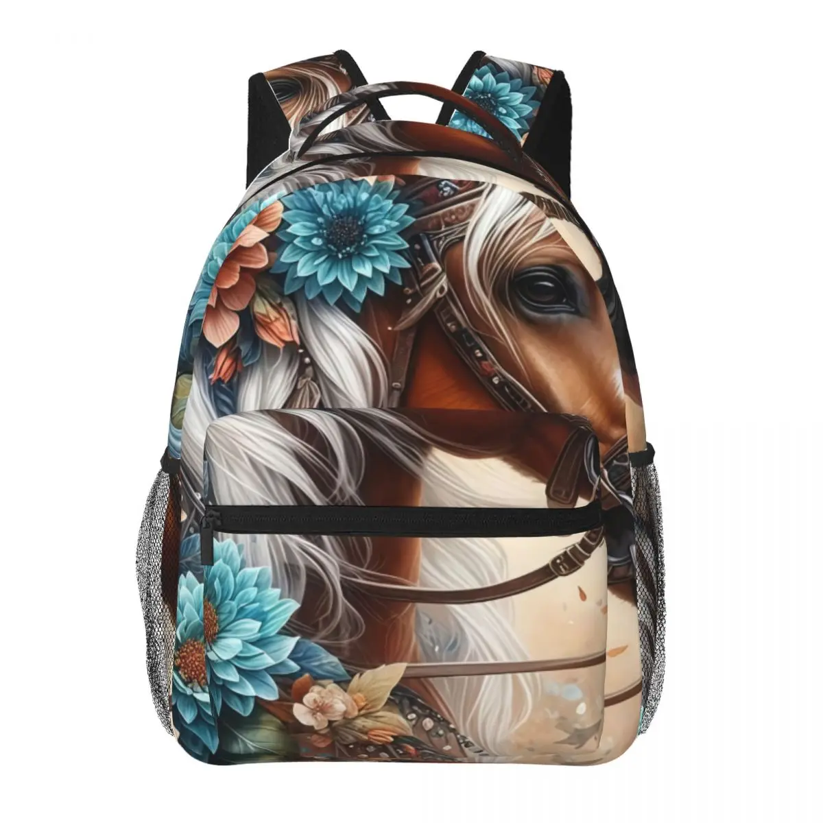 Lovely Cute Casual Backpack Clustered Horse Dahlia Flowers Bird Soft Botanical Terracotta Teal Cream Lightweight Backpack Gift