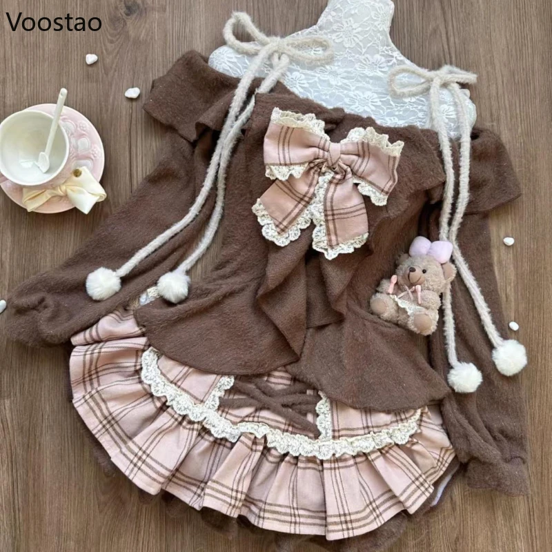 Japanese Fashion Sweet Lolita 2 Piece Sets Women Retro Brown Tops Fluffy Cake Skirt Female Off Shoulder Kawaii Slim Vintage Suit