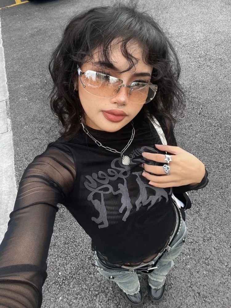 

Harajuku Vintage Long Sleeve Cropped Tops Goth Women Grunge Streetwear T-shirts Aesthetics Mesh See-through Pullover Tshirt