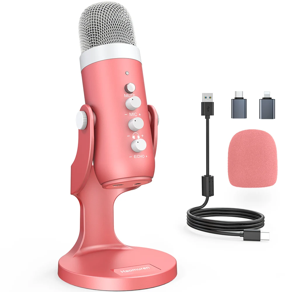 Haomuren USB Condenser Microphone Pink Studio Recording Mic for PC Mac Computer Phone Gaming Streaming Podcasting Laptop Desktop