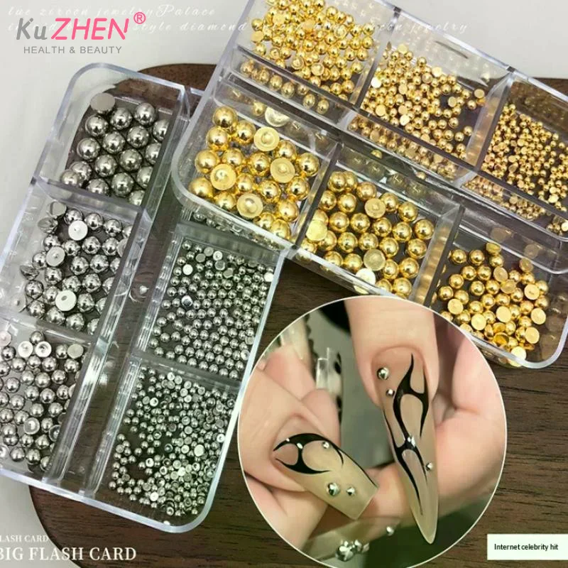6Grids Nail Charms Mixed Semi-circular Pearl Nail Charms Gold And Silver Manicure Accessories DIY Nail Salon Manicure Decoration