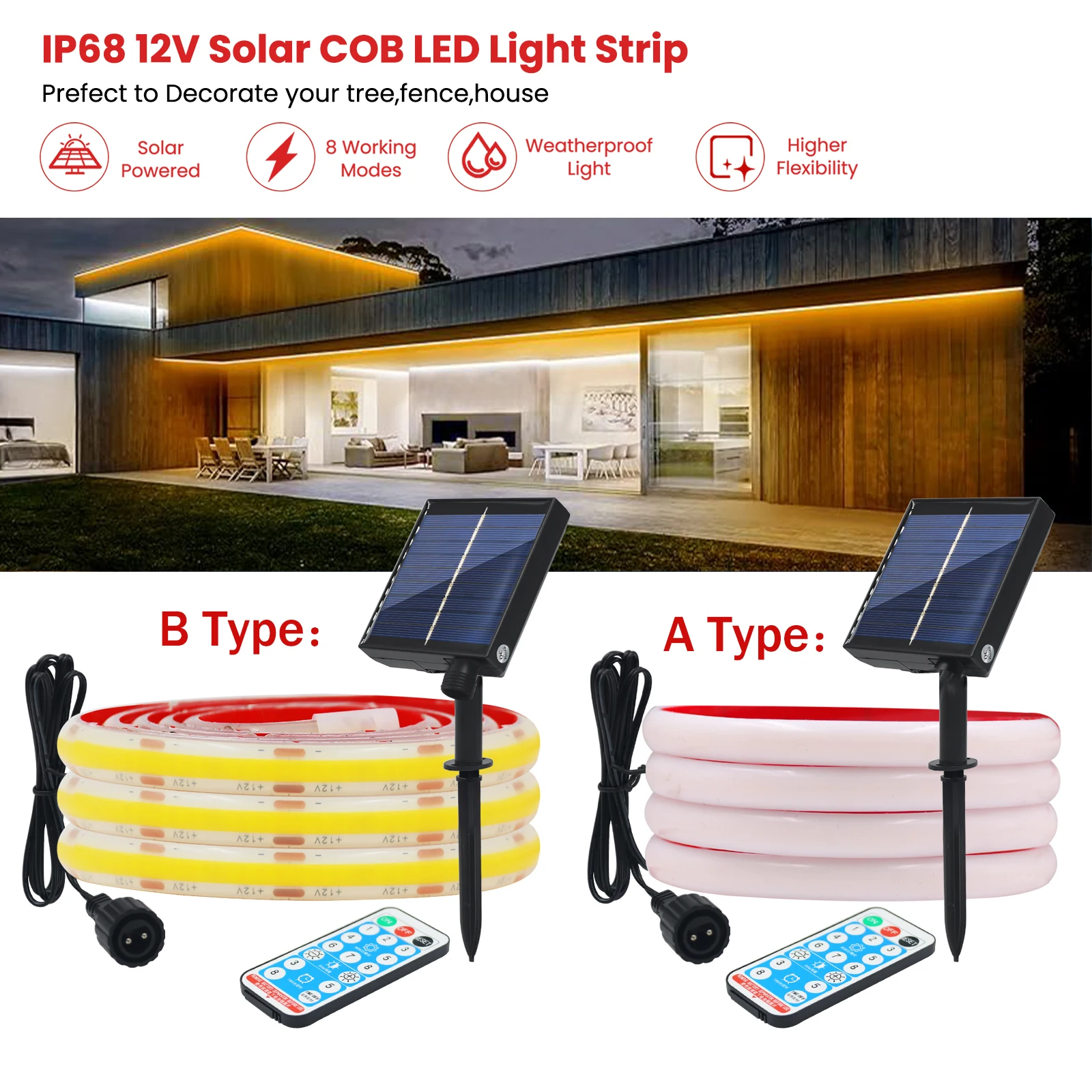 Imagem -02 - Impermeável Solar Power Led Strip Light 12v Dimmable Cob Led Strip com Controle Remoto Fita Cob Flexível Fita para Decoração Interior e Exterior Ip68